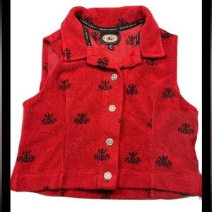 90s RED Fleece VEST XL women’s Black trees ELK BUTTONS collared festive winter